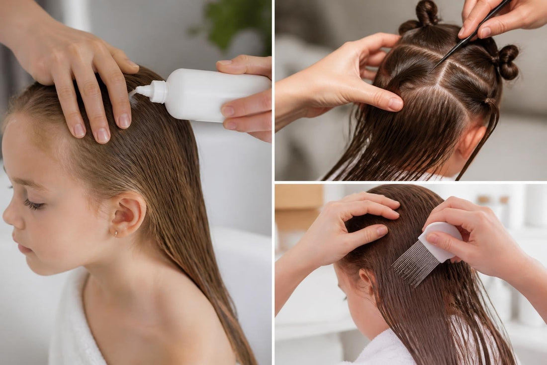 Licensed cosmetologist applying lice shampoo treatment to a child's scalp during a salon lice check The Pixie Garden
