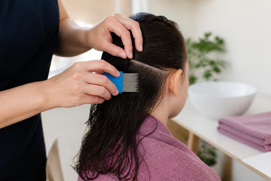Fine-toothed metal lice comb removing nits during wet-combing on sectioned hair for effective lice treatment The Pixie Garden