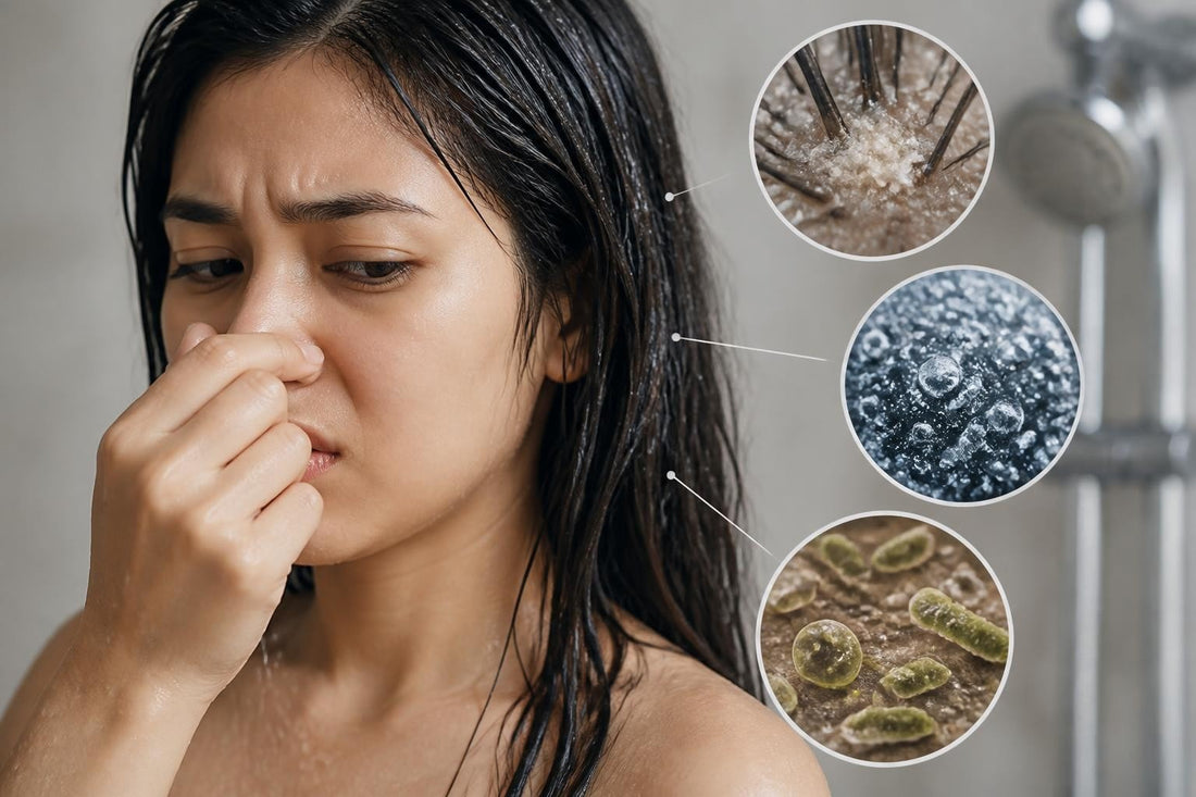 Cosmetologist examining a client's scalp to diagnose the causes of post-wash smelly scalp odor and buildup The Pixie Garden