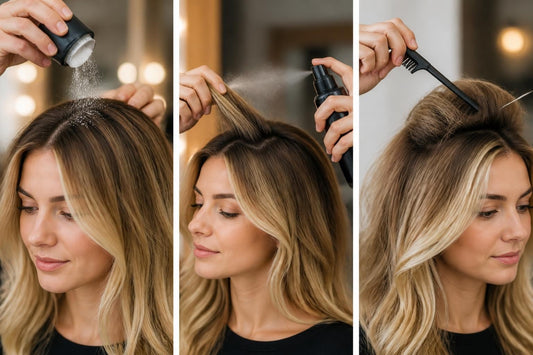 Stylist dusting texture powder onto dry roots to build volume and grip before teasing for root lift The Pixie Garden