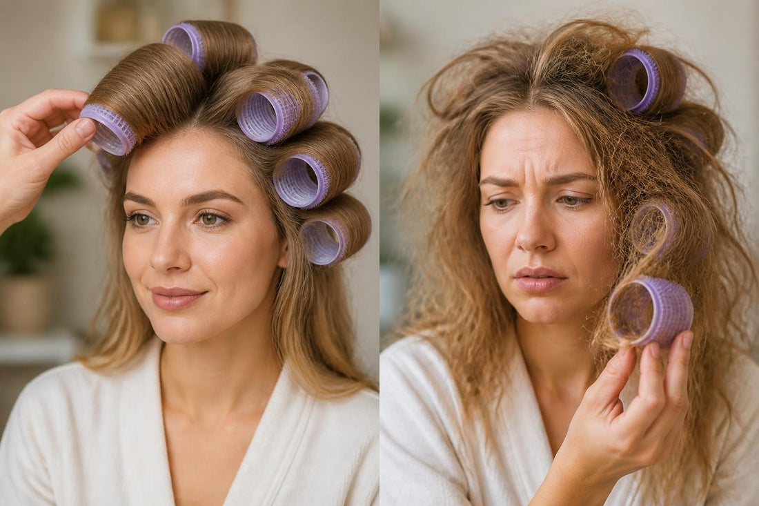 Cosmetologist demonstrating how to remove velcro rollers from dry hair without breakage for heat-free volume The Pixie Garden