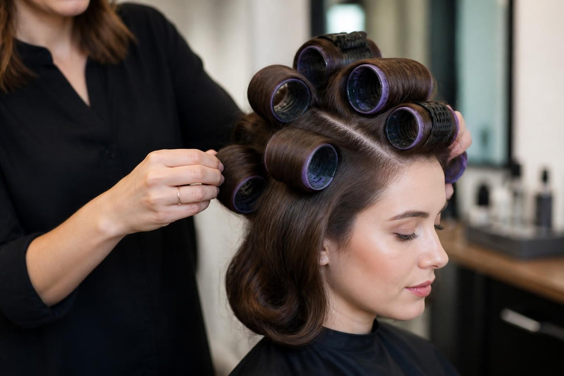 Cosmetologist setting heated thermal rollers on dry hair to build root volume and long-lasting curls The Pixie Garden