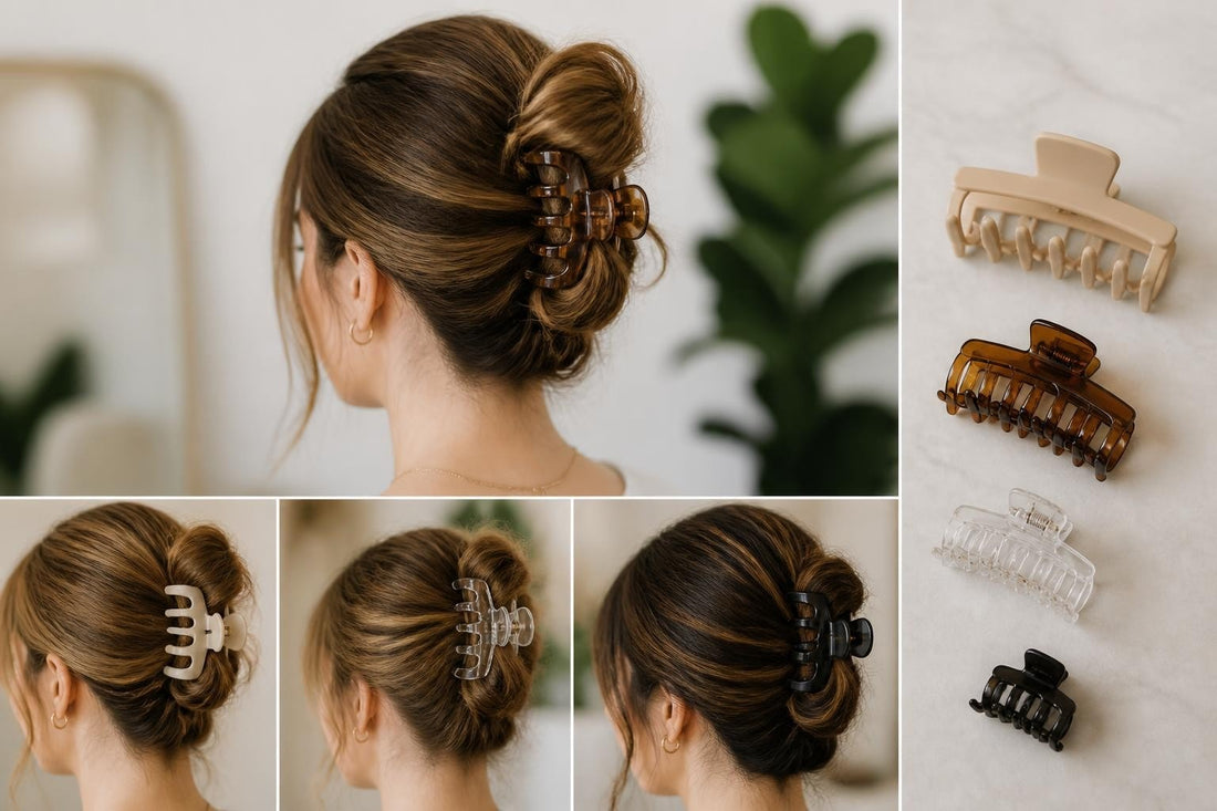 Stylist securing a claw clip hairstyle for fine hair with lifted crown volume and half-up placement The Pixie Garden