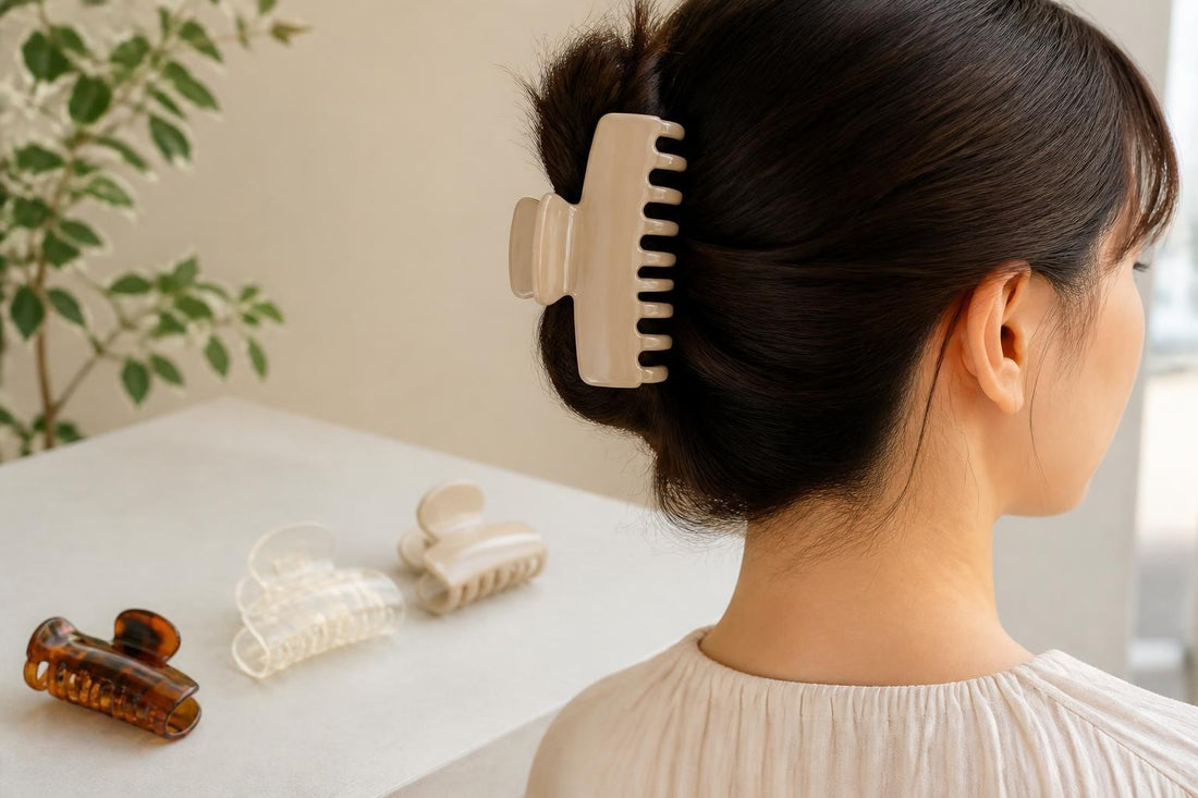 Lightweight acetate claw clips with fine teeth styled in thin hair for secure all-day hold The Pixie Garden