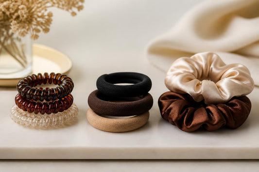 Spiral coil hair ties and wide silk scrunchies holding a thick hair ponytail without creasing The Pixie Garden