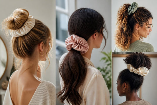 Voluminous oversized fabric scrunchies securing low buns and ponytails in salon styling demo The Pixie Garden