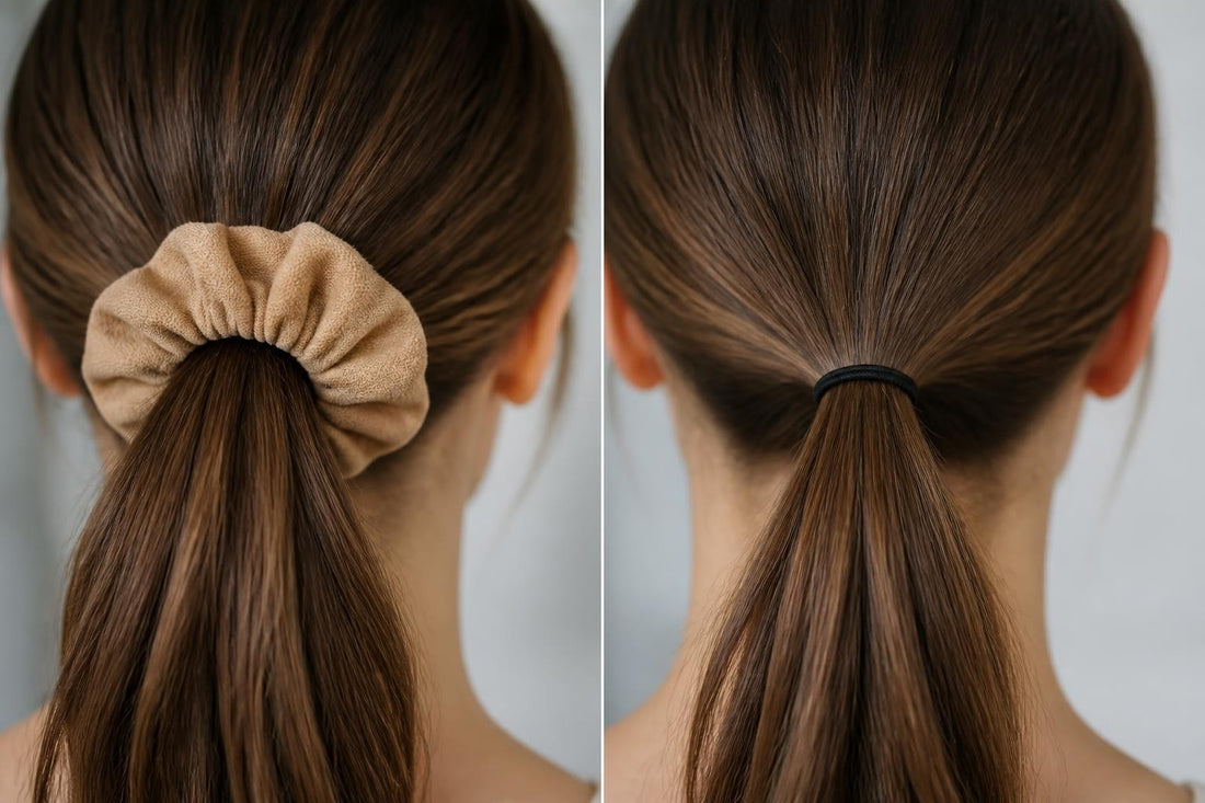 Silk scrunchie beside a bare elastic showing wider tension spread and less breakage at the ponytail line The Pixie Garden