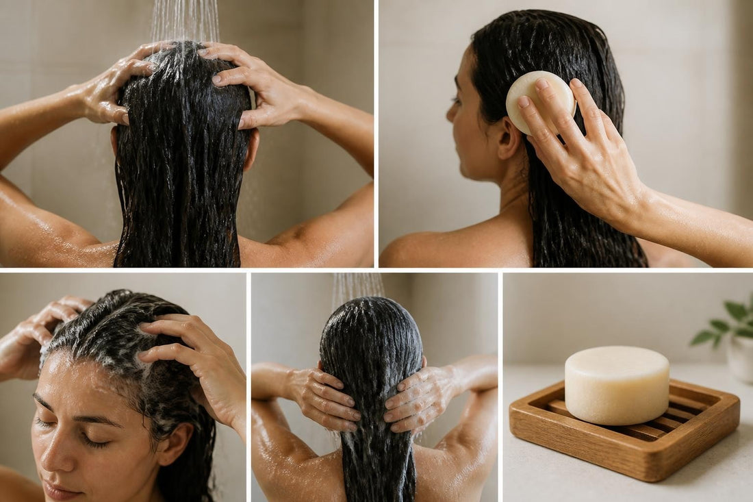 Licensed cosmetologist lathering a rice water shampoo bar on soaking wet hair during a salon demo at The Pixie Garden