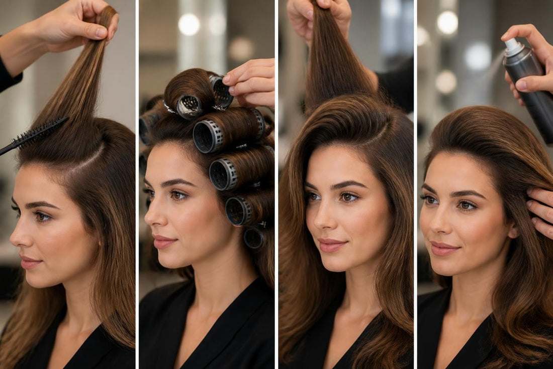 Licensed cosmetologist building big hair volume with a roller set and crown backcombing during a salon styling session at The Pixie Garden