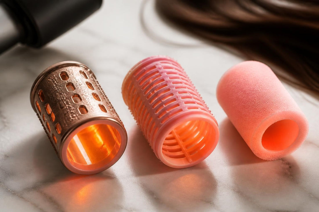 Licensed cosmetologist securing a heated ceramic roller with a styling clip during a salon roller set at The Pixie Garden