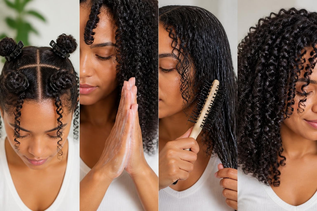 Stylist using a curl defining brush to separate wet curls into uniform clumps for definition at The Pixie Garden