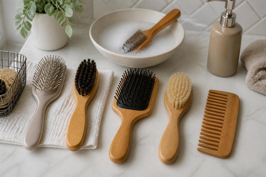 Clean hairbrush beside shampoo bowl and toothbrush showing how to clean a hairbrush step by step at The Pixie Garden