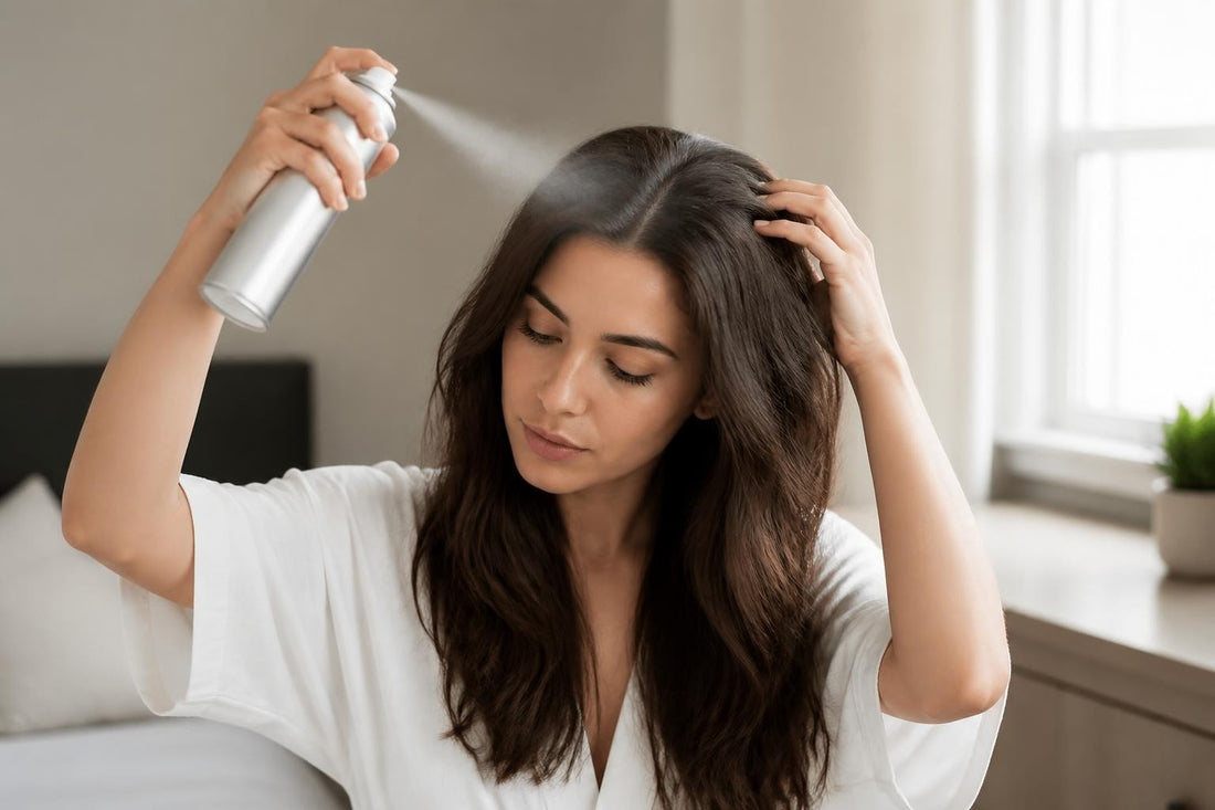 Woman spraying dry shampoo eight inches from her roots demonstrating correct dry shampoo application technique at The Pixie Garden