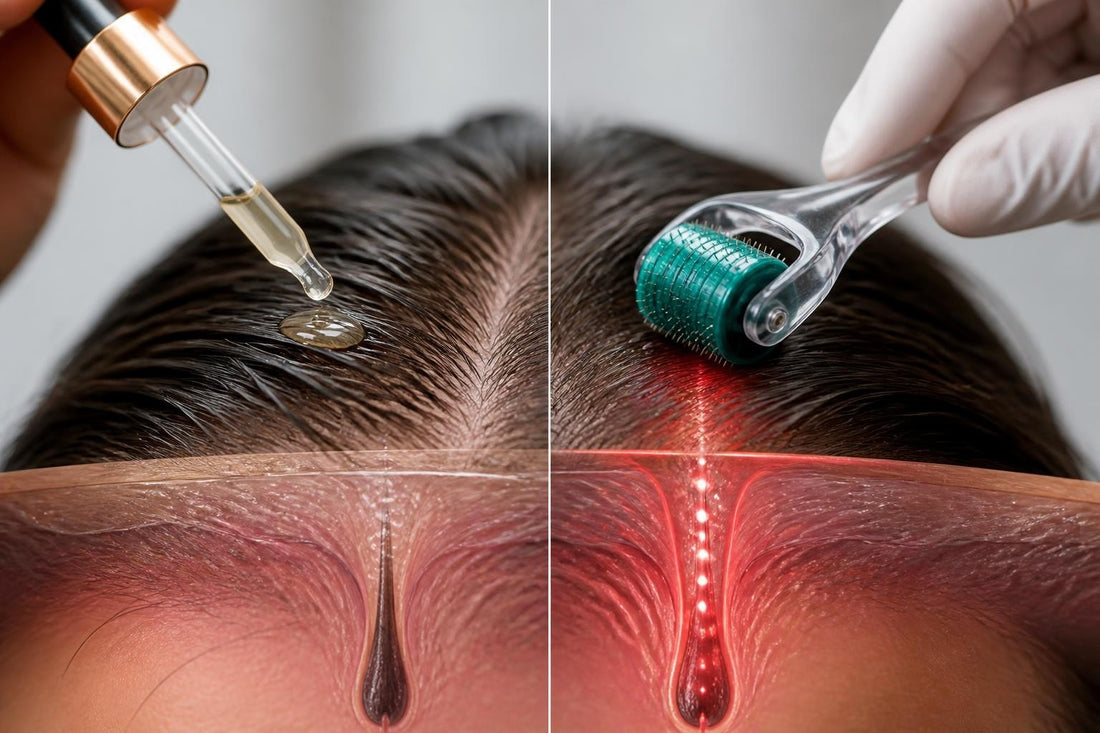 Hair growth serum applied to the scalp with a dropper to support follicle health and density at The Pixie Garden