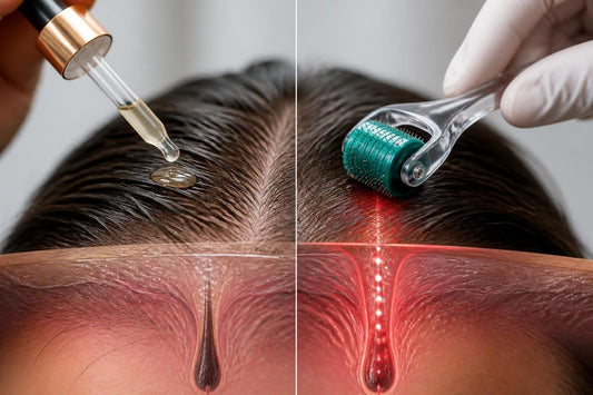 Hair growth serum applied to the scalp with a dropper to support follicle health and density at The Pixie Garden