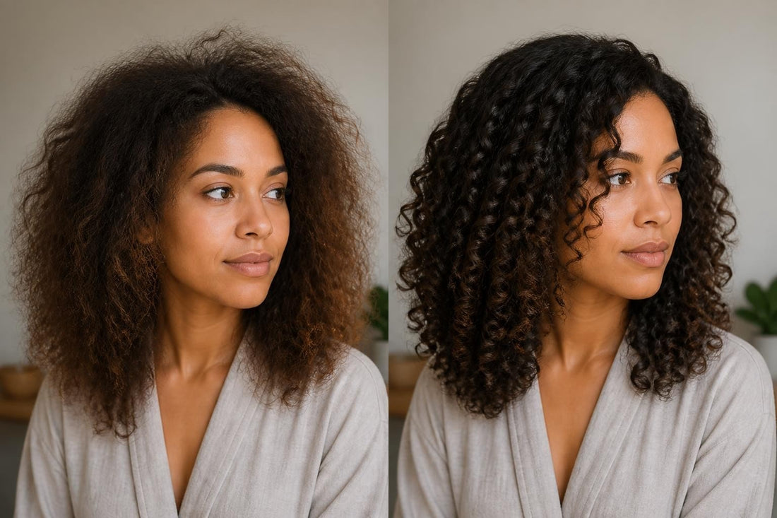 Licensed cosmetologist using a curl-define brush to define curls into a smooth spiral pattern at The Pixie Garden
