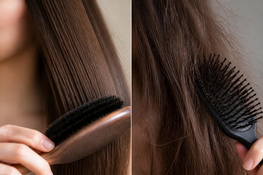 Licensed cosmetologist demonstrating boar bristle brush benefits smoothing sebum from root to tip at The Pixie Garden