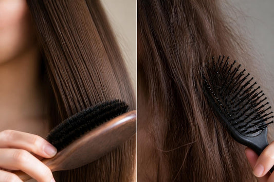 Licensed cosmetologist demonstrating boar bristle brush benefits smoothing sebum from root to tip at The Pixie Garden