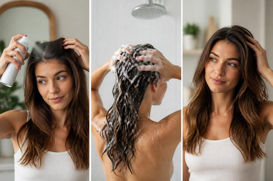Licensed cosmetologist demonstrating safe dry shampoo use on dry roots between washes at The Pixie Garden