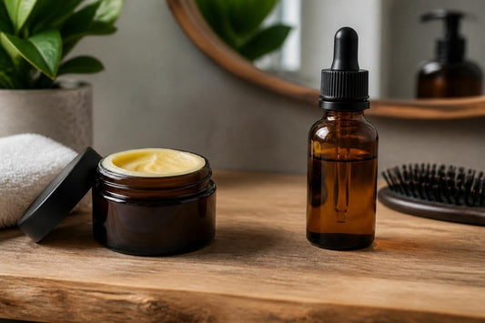 Licensed cosmetologist comparing beard balm and beard oil textures for a men's beard grooming routine at The Pixie Garden