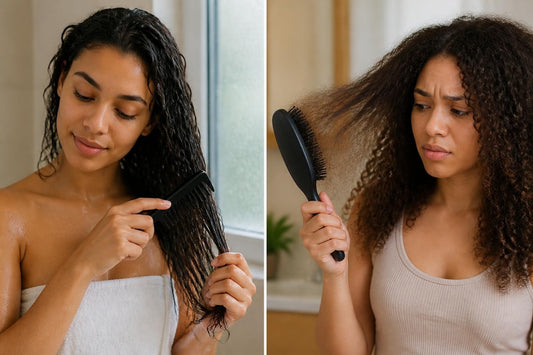 Licensed cosmetologist detangling damp curls with a wide-tooth comb to brush curly hair without frizz at The Pixie Garden