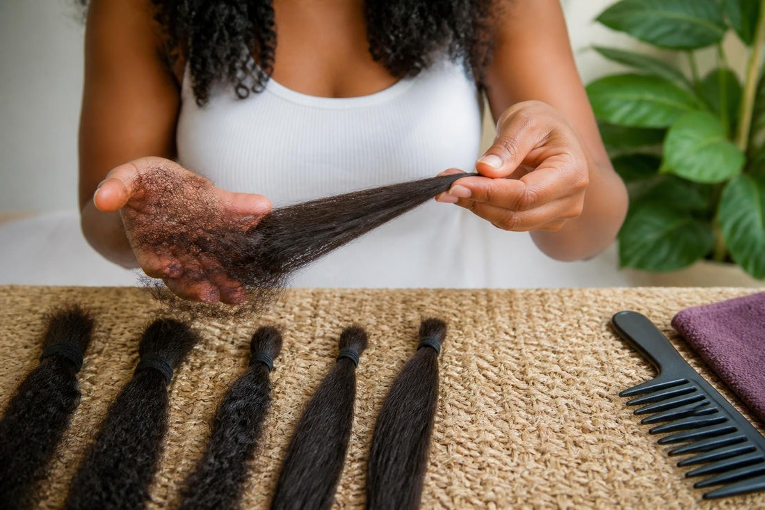 Licensed cosmetologist gently detangling matted hair section by section with a wide-tooth bamboo comb at The Pixie Garden