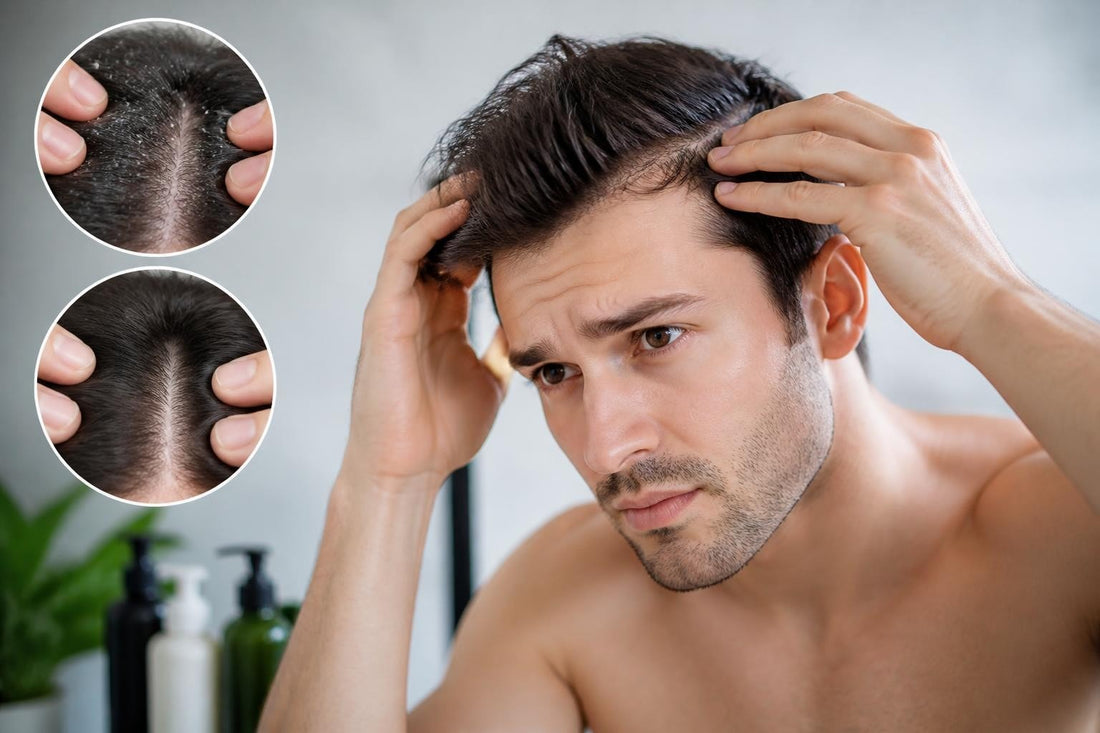 Licensed cosmetologist applying mens dandruff shampoo to a flaking scalp during an anti-flake wash routine at The Pixie Garden
