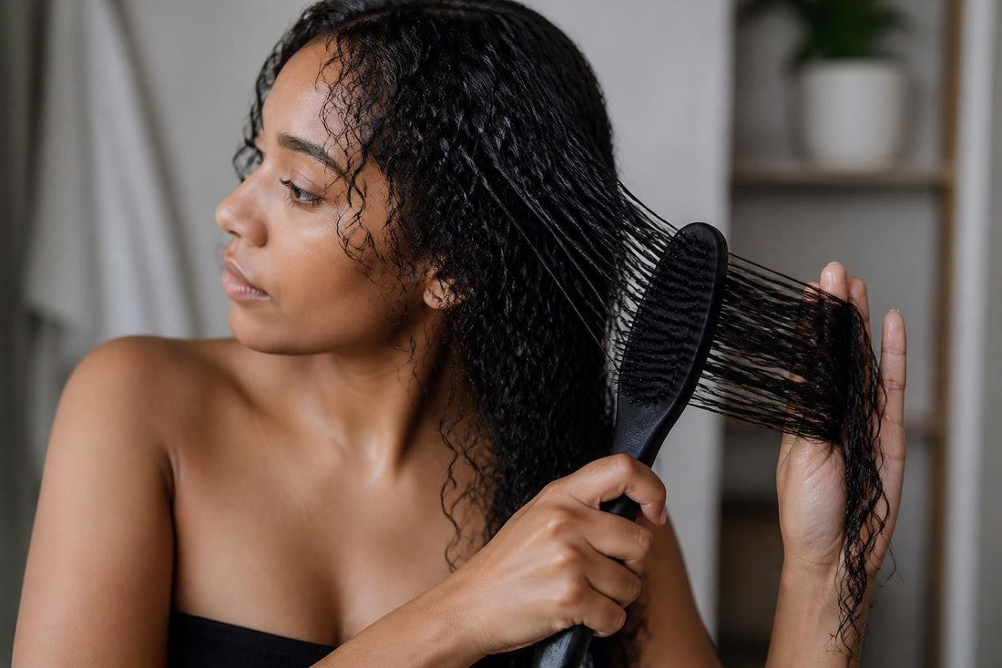 Licensed cosmetologist wet brushing hair in sections with a boar bristle brush after applying leave-in conditioner at The Pixie Garden