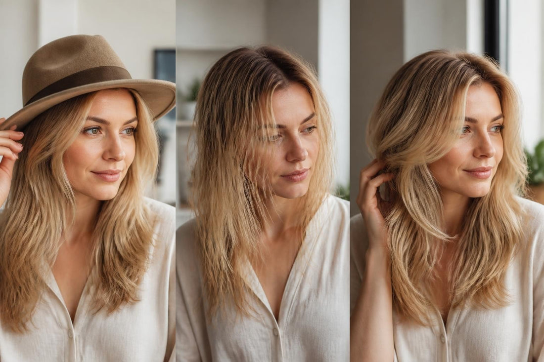 Woman lifting a knit beanie to reveal flattened hat hair with visible crease and static flyaways at The Pixie Garden