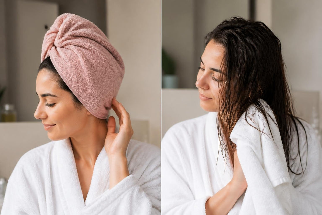 Woman twisting damp hair into a microfiber hair towel wrap to reduce frizz and breakage at The Pixie Garden