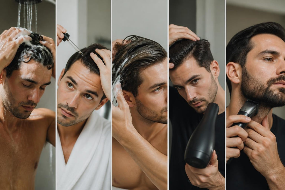 Man running grooming cream through damp hair as part of a complete mens hair care routine at The Pixie Garden