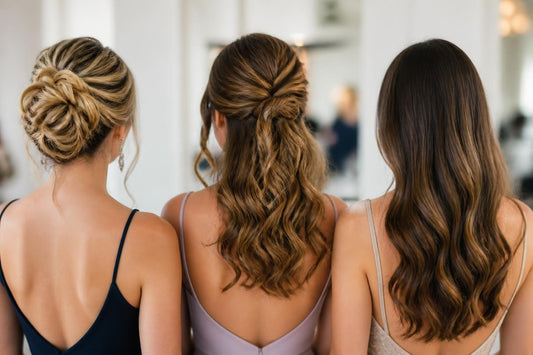 Teen wearing a sleek low homecoming updo with decorative pins, styled by a licensed cosmetologist at The Pixie Garden