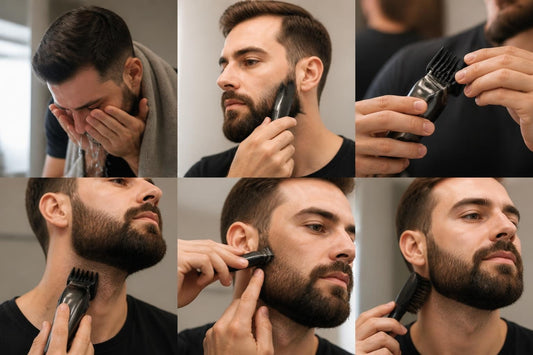 Licensed cosmetologist trimming a client's beard with precision clippers to define the jawline, beard trimming guide, The Pixie Garden