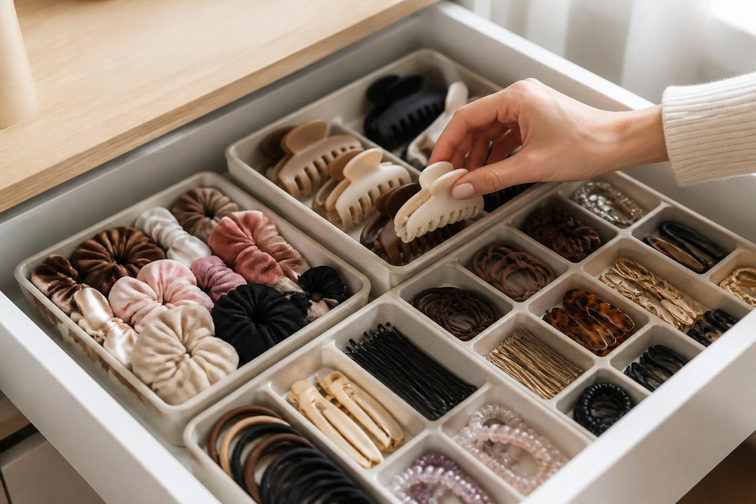 Vanity drawer with a hair accessory organizer holding sorted claw clips, bobby pins, and scrunchies, The Pixie Garden