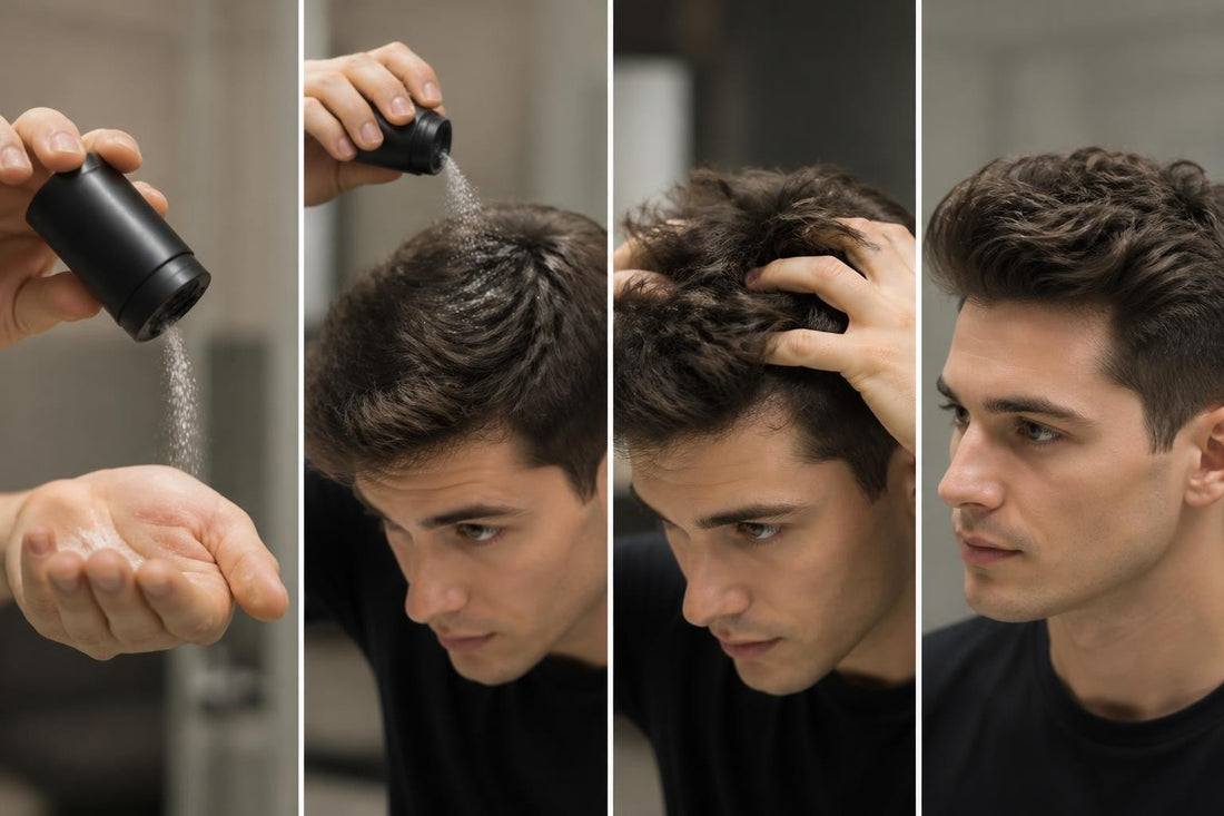 Man applying matte mens hair powder at the roots for textured volume and separation, The Pixie Garden