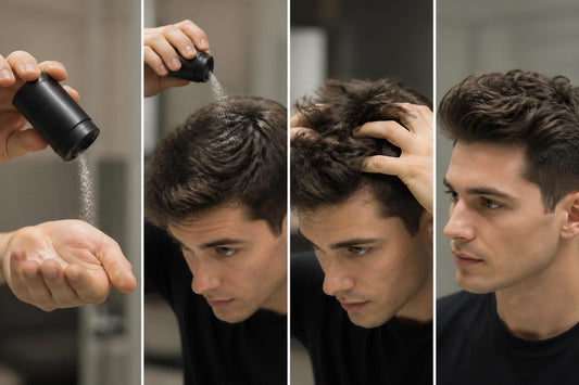 Man applying matte mens hair powder at the roots for textured volume and separation, The Pixie Garden