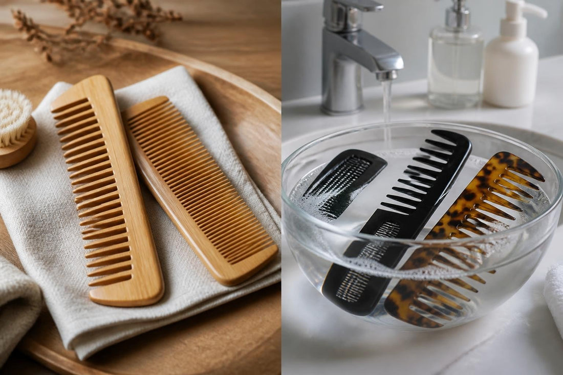 Wooden bamboo comb and plastic combs laid out with a toothbrush and cloth for cleaning by material type, The Pixie Garden
