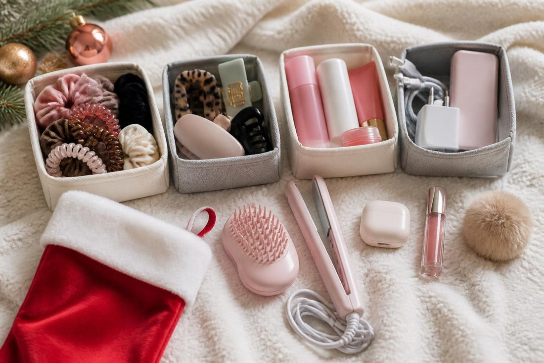 Teen-friendly stocking stuffers including mini claw clips, velvet scrunchies, and a hair finishing stick, The Pixie Garden