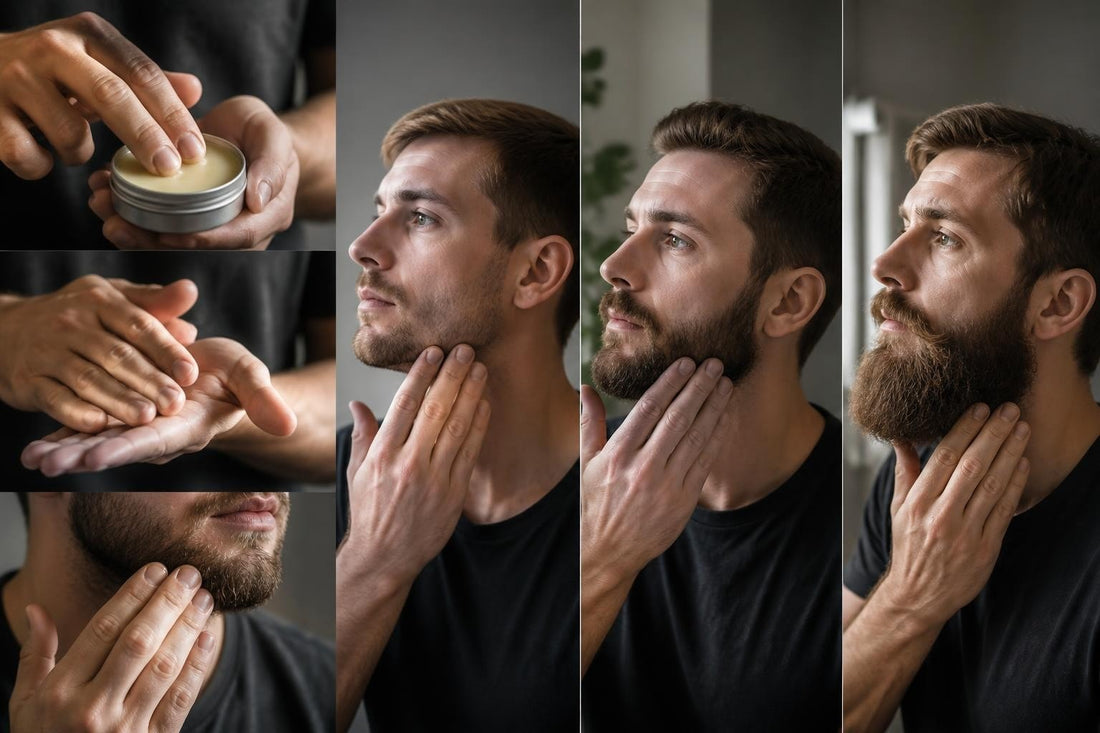 Man warming beard balm between his palms before working it through a medium-length beard, The Pixie Garden