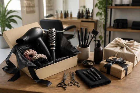Gift ideas for hairstylists including salon tools, hand cream, and a gift card on a station counter, The Pixie Garden