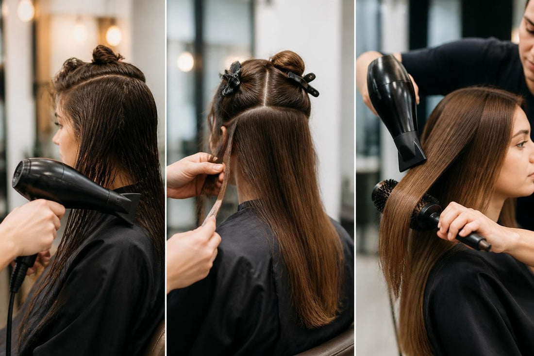 Stylist blow drying sectioned damp hair with a paddle brush and downward nozzle angle, The Pixie Garden