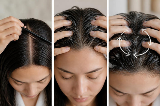 Licensed cosmetologist massaging scalp scrub into sectioned damp hair with fingertip pads during scalp exfoliation, The Pixie Garden