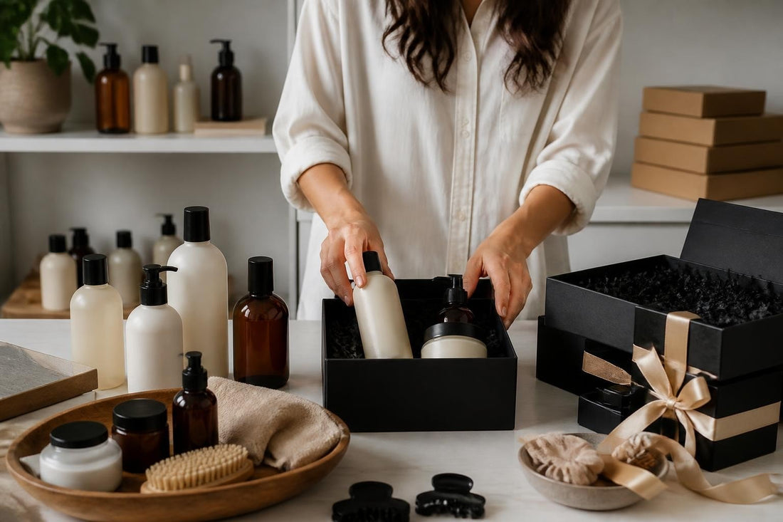 Curated hair care gift set with shampoo bar, brush and finishing stick arranged in a kraft gift box, The Pixie Garden