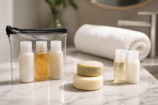 Solid travel shampoo bar packed in a bamboo soap saver bag beside a carry-on toiletry kit, The Pixie Garden