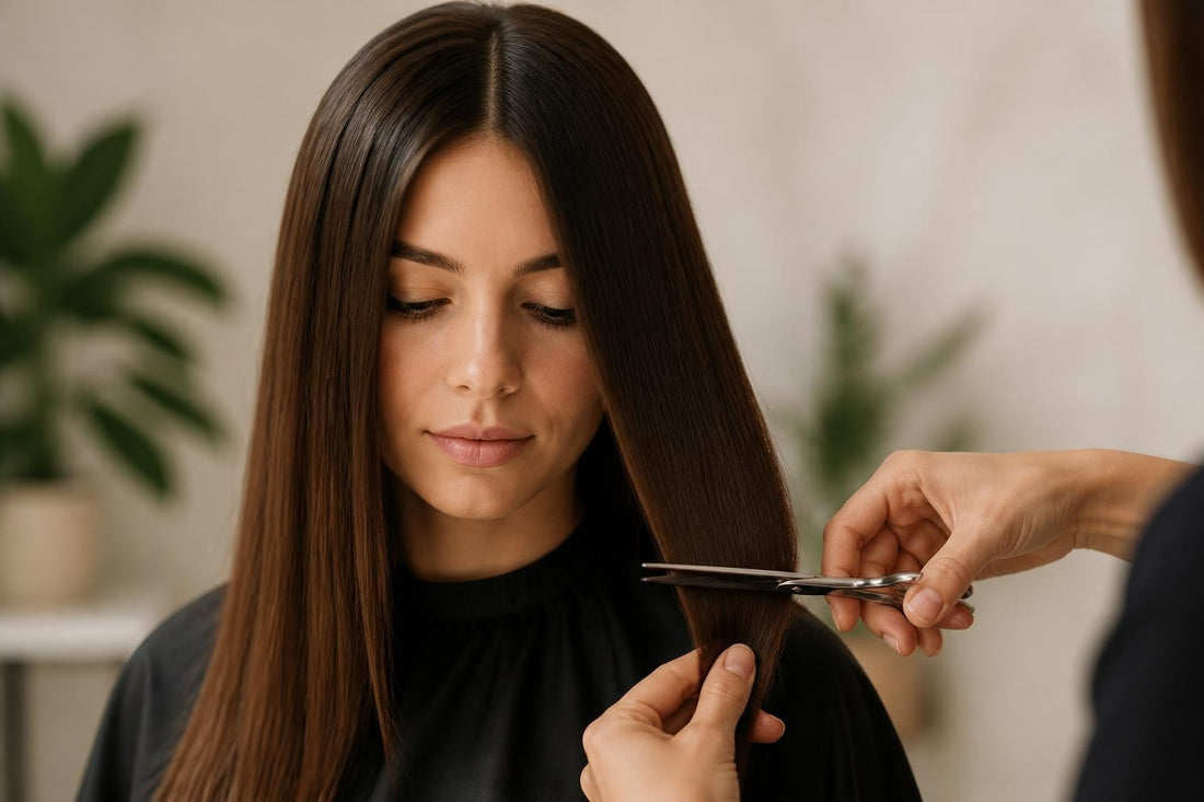 Stylist trimming split ends from long hair to show whether cutting your hair makes it grow faster, The Pixie Garden