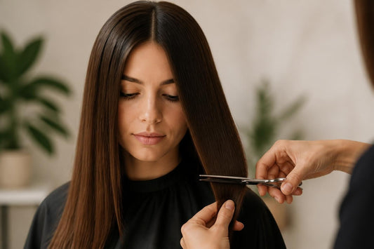 Stylist trimming split ends from long hair to show whether cutting your hair makes it grow faster, The Pixie Garden