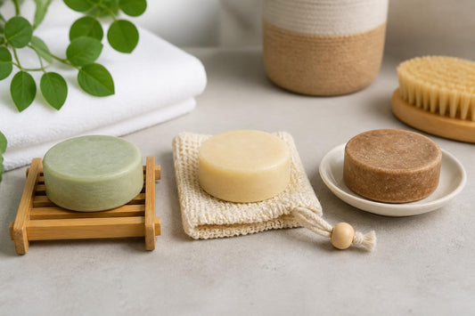 Bamboo shampoo bar holder with drainage slats keeping a solid shampoo bar dry in a shower, The Pixie Garden