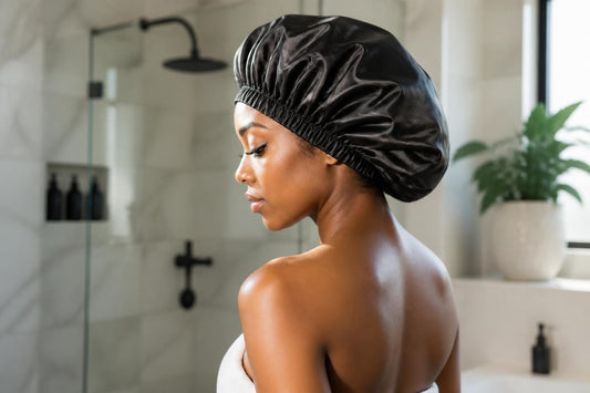Satin-lined shower cap for long hair holding coiled lengths to protect a fresh blowout from steam, The Pixie Garden