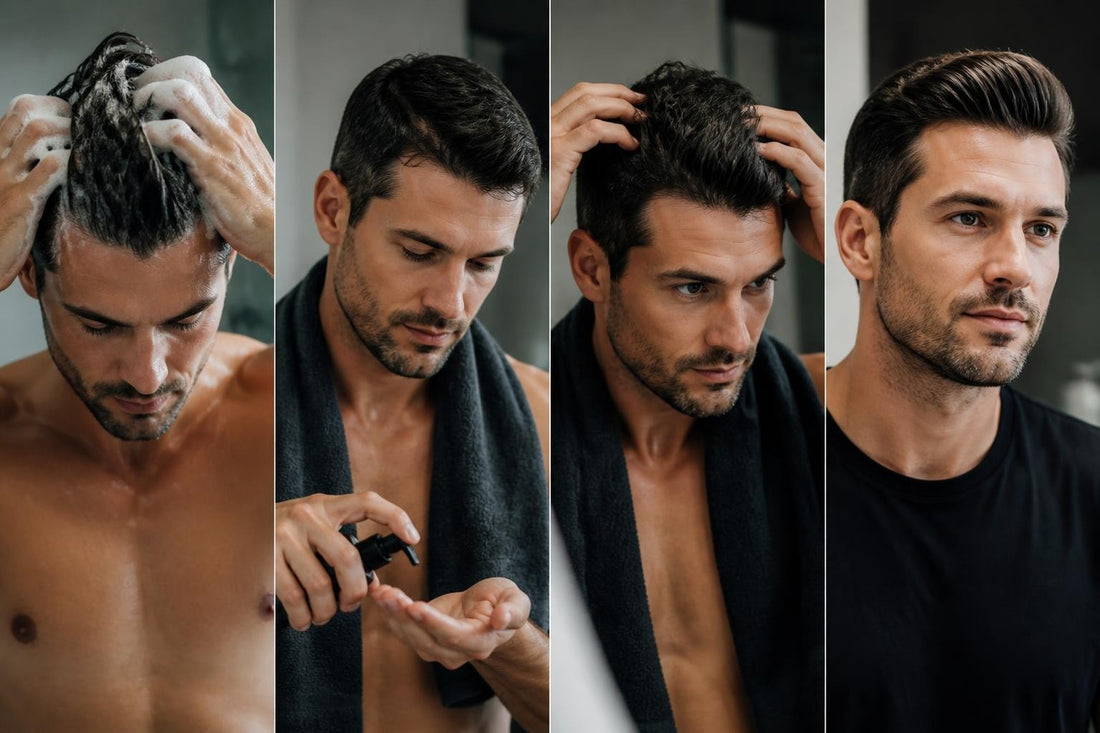 Man towel-drying healthy hair after a scalp-focused wash routine for effective hair care for men, The Pixie Garden