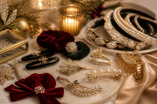 Holiday hair accessories including velvet clips, scrunchies, and headbands styled for festive occasions, The Pixie Garden